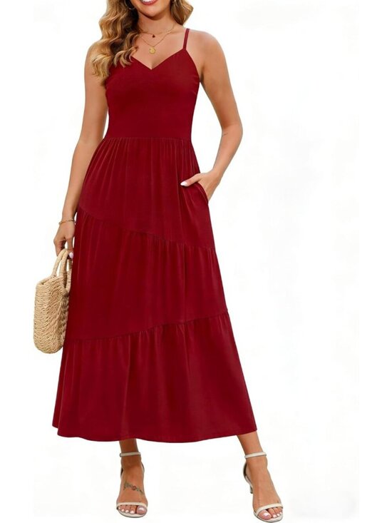 Dresses & Skirts - Women's Wine Red Beach Sundress V Neck Spaghetti Long Strap Pockets Maxi Dress